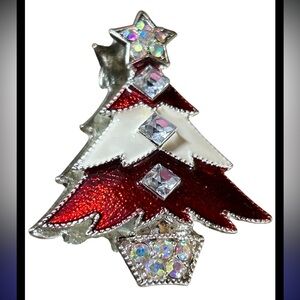 Vintage Silver Tone Christmas Tree Brooch - Radiant Red & Ivory Enamel